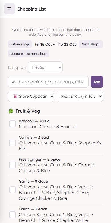 The shopping list, grouped by aisle and built from the meal plan