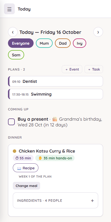 The Today screen: plans, a birthday reminder and tonight’s dinner